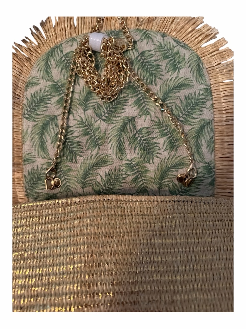 Tommy Bahama Woven Raffia Straw Fringe Bamboo Handle crossbody bag gold NWT - Picture 4 of 4